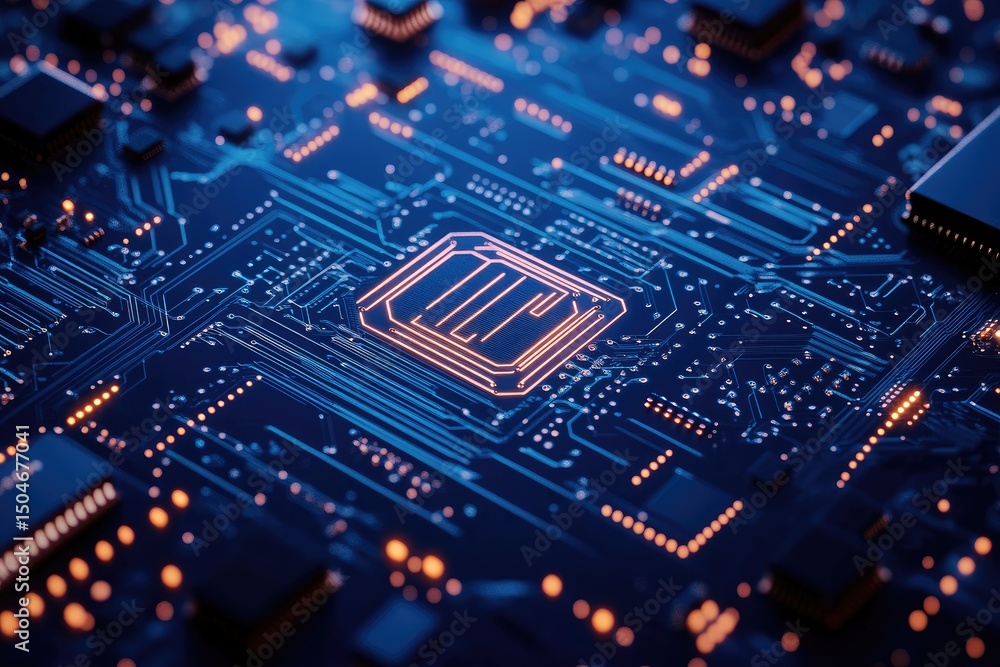Poster close-up of intricate circuit board with highlighted central processor