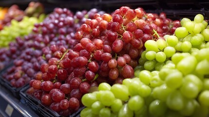 Fresh grapes displayed on supermarket fruit stand