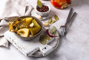 Bowl of pickled marinated cucumbers