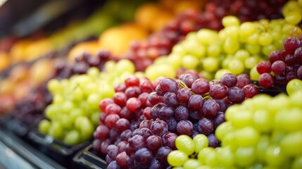 Fresh grapes displayed on supermarket fruit stand