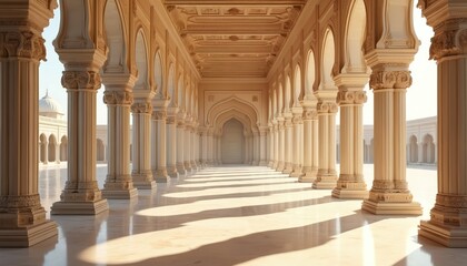 Fototapeta premium Traditional Indian palace with majestic marble columns, arches bathed in sunlight. Sunlight creates shadows, emphasizing architectural design, intricate details. Travel destination, historic building