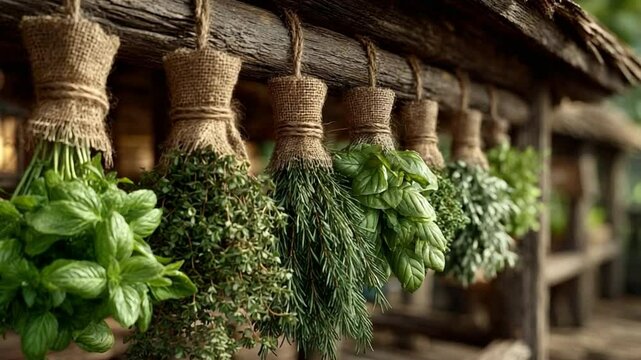 Herbal Garden Bounty: A charming display of freshly harvested herbs hanging to dry, showcasing a rustic aesthetic and the aromatic essence of nature's bounty.