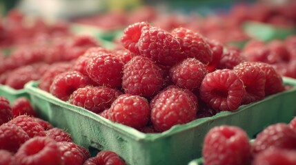 Juicy raspberry on display at supermarket fruit stand
