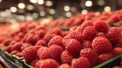 Juicy raspberry on display at supermarket fruit stand