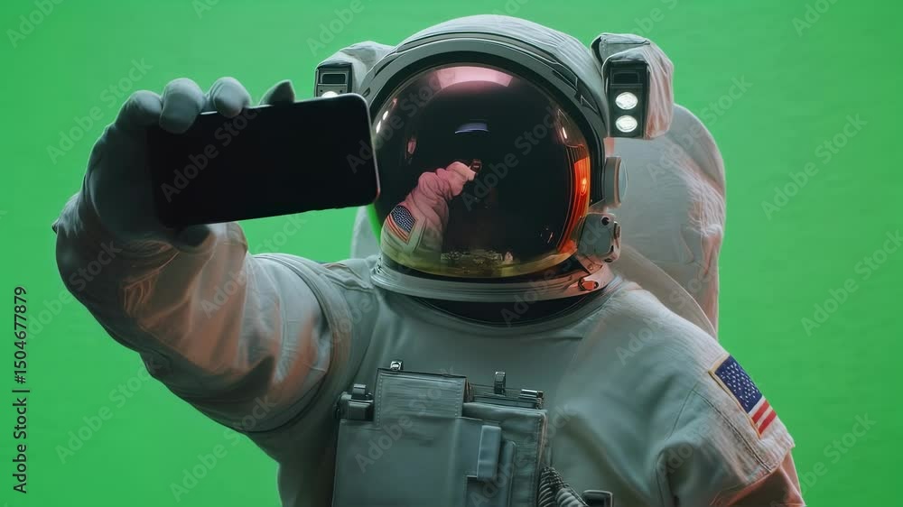 Aufkleber astronaut in white spacesuit with american flag patch communicating via smartphone against green scr