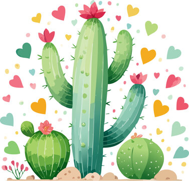 cactus with flowers and hearts Adobe Illustrator Artwork