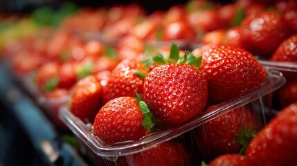 Ripe strawberry at supermarket fruit stand