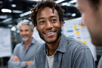 A young man with curly hair smiling during a discussion with colleagues, emphasizing the importance of positive communication and teamwork in a professional environment.
