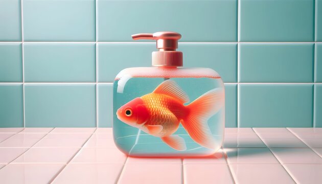 Fototapeta Goldfish in a Soap Dispenser Surreal Bathroom Still Life