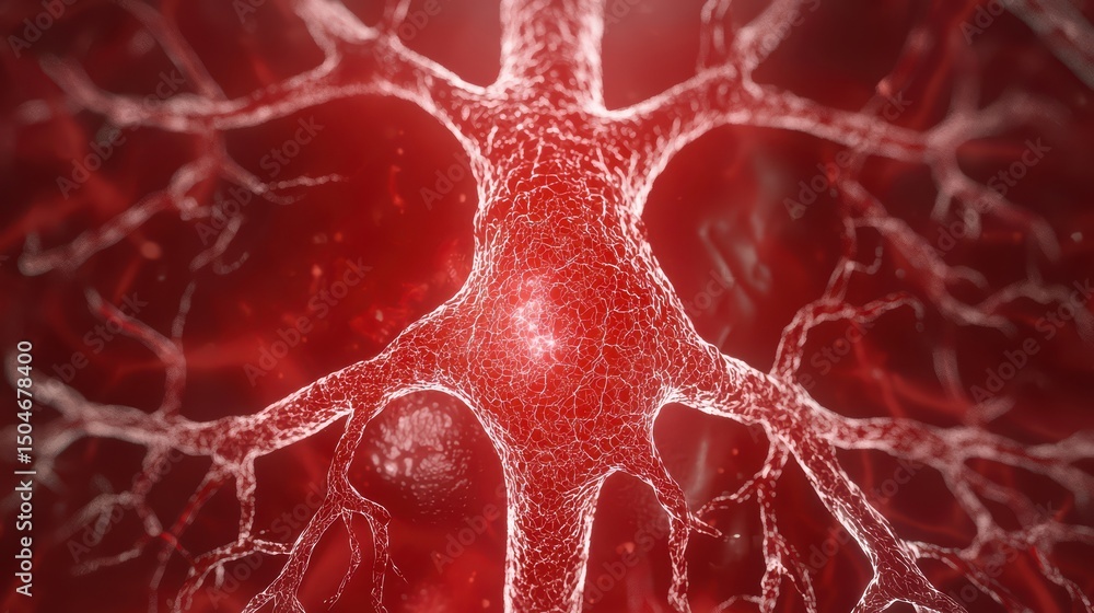 Poster intricate close-up of a neuron with red and white colors illustrating neural network activity and co