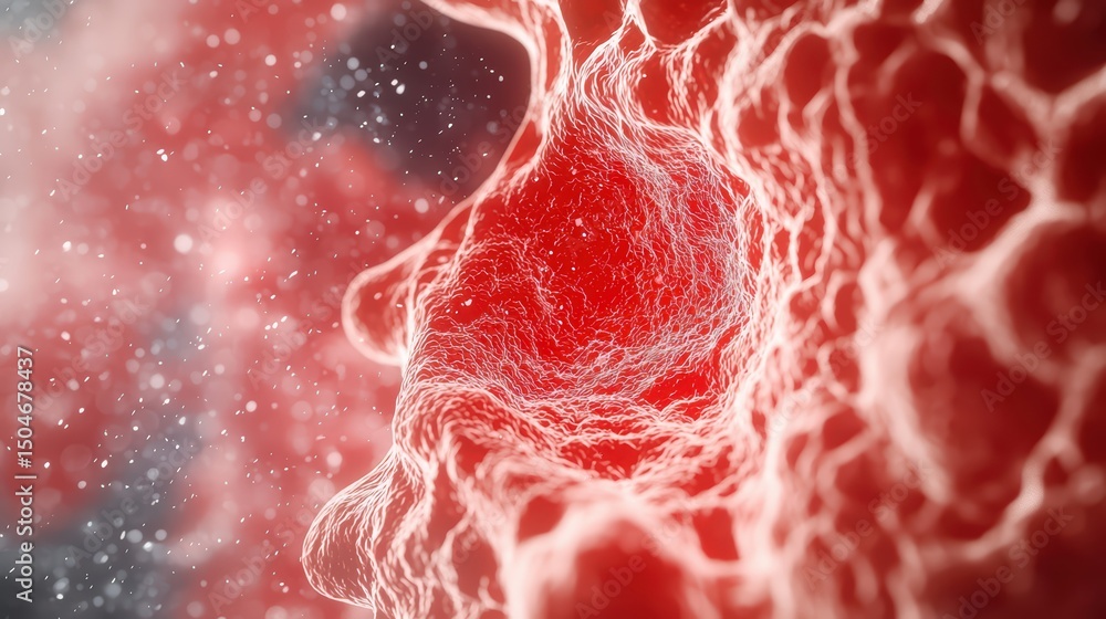 Poster intricate visualization of microscopic structures inside a cellular environment with textured red la