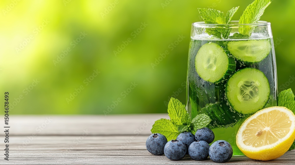 Poster refreshing cucumber mint sparkling drink with lemon and blueberries on rustic wooden table in natura