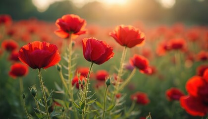 Red poppy field at sunset. Blossoming flowers, vibrant colors, nature beauty, floral bloom at sunlight. Summer scene, idyllic landscape, idyllic scenery, garden, meadow. Symbol of remembrance, peace.