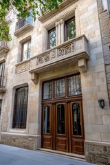 Obraz premium Elegant architectural facade showcasing intricate stonework and wooden doors in a historic urban setting during daylight hours in an upscale neighborhood