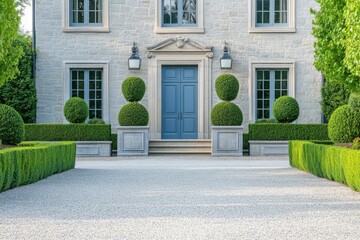 The stunning front entrance of an opulent home showcases meticulous hedges and a charming gravel driveway, all illuminated by the bright daylight