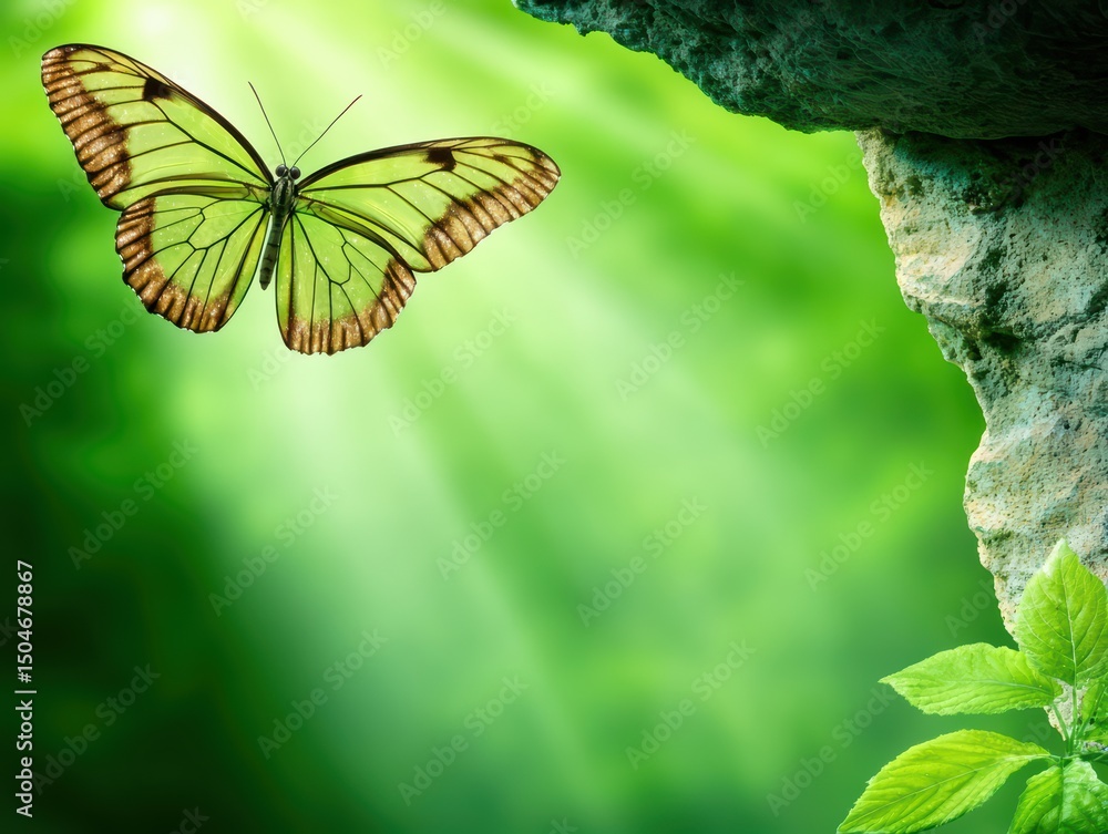 Poster elegant butterfly in natural environment with green foliage and soft light rays creating a tranquil 