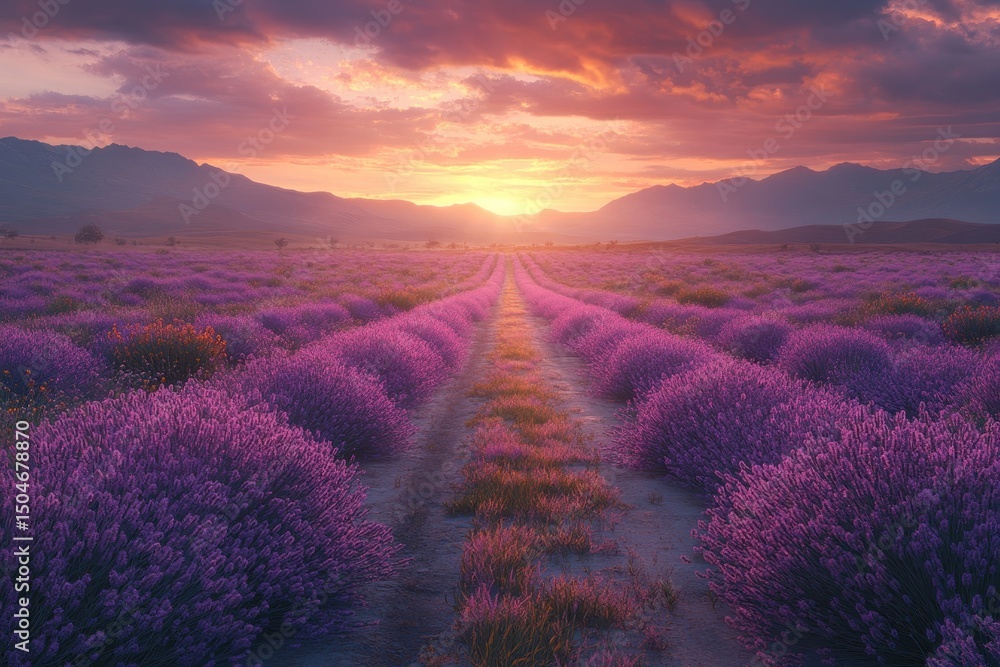 Aufkleber serene winding path through a vibrant lavender field at sunset with a beautiful gradient sky in the 