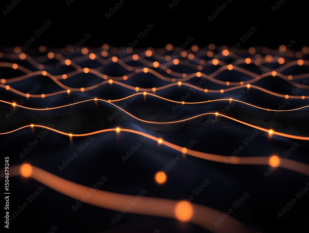 Poster abstract glowing waves of orange light and darkness with luminous points on a smooth surface in a di