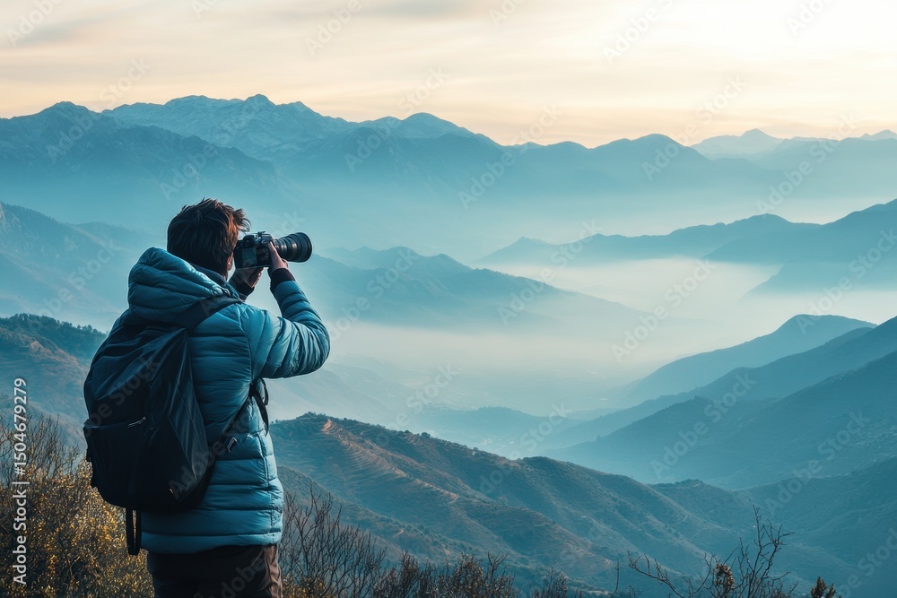 Poster capturing the breathtaking landscape at dawn in the mountains with a camera in hand and a backpack r