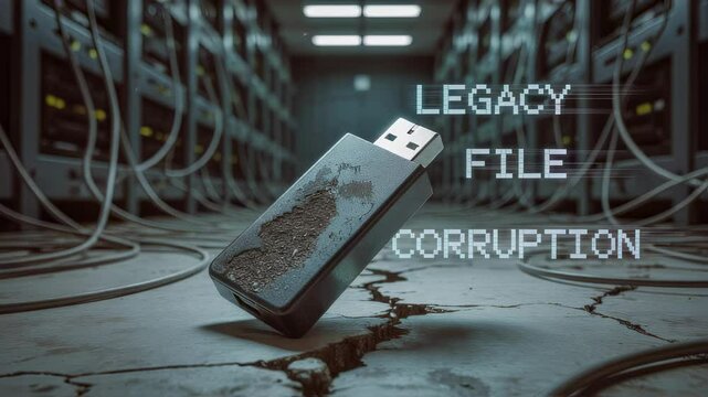 Damaged, obsolete usb drive resting on cracked concrete floor inside dimly lit server room, symbolizing legacy file corruption and potential data loss risks