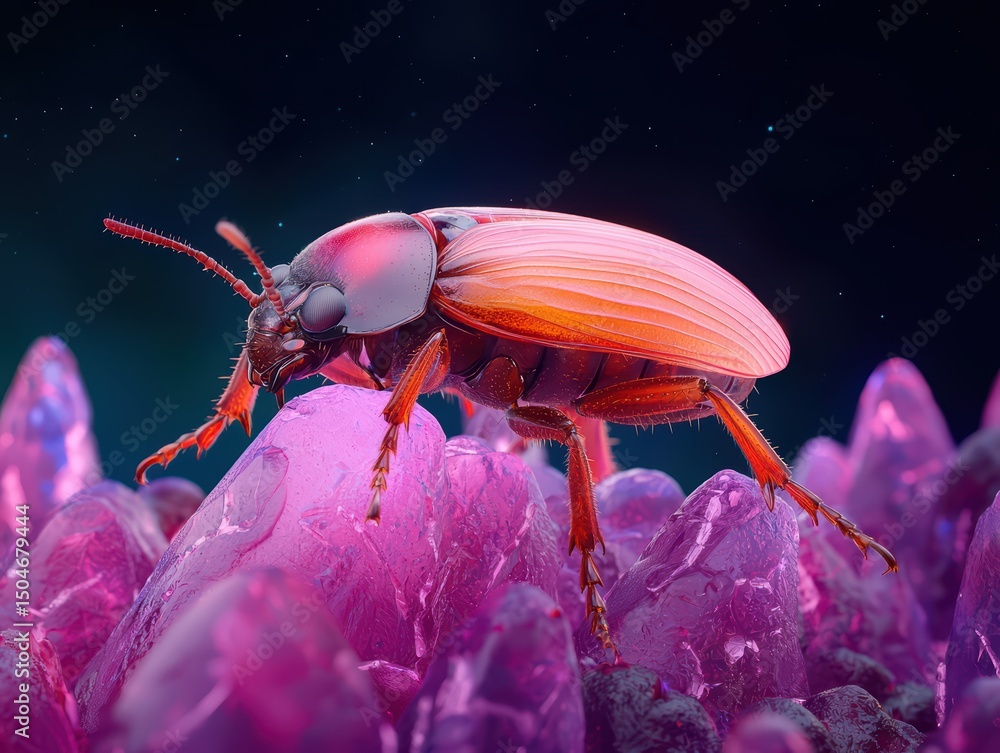 Poster macro view of colorful beetle on crystal formations with vibrant colors and intricate details in a s