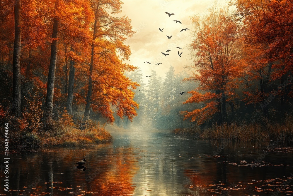 Poster autumn foliage reflecting in tranquil river under soft morning light with flocks of birds soaring ab