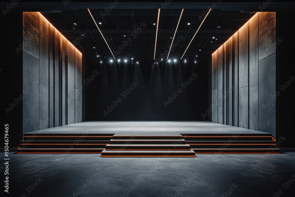 Poster modern performance stage with dramatic lighting designed for theatrical productions and events in an