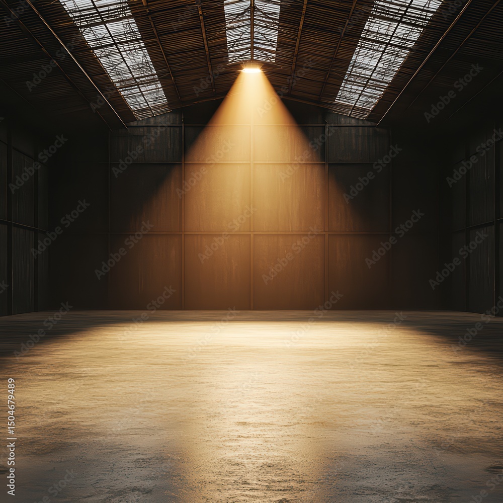 Poster bright light beam in empty warehouse with rustic design and shadow play on the floor