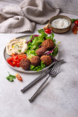 Salad with hummus, falafel and vegetables