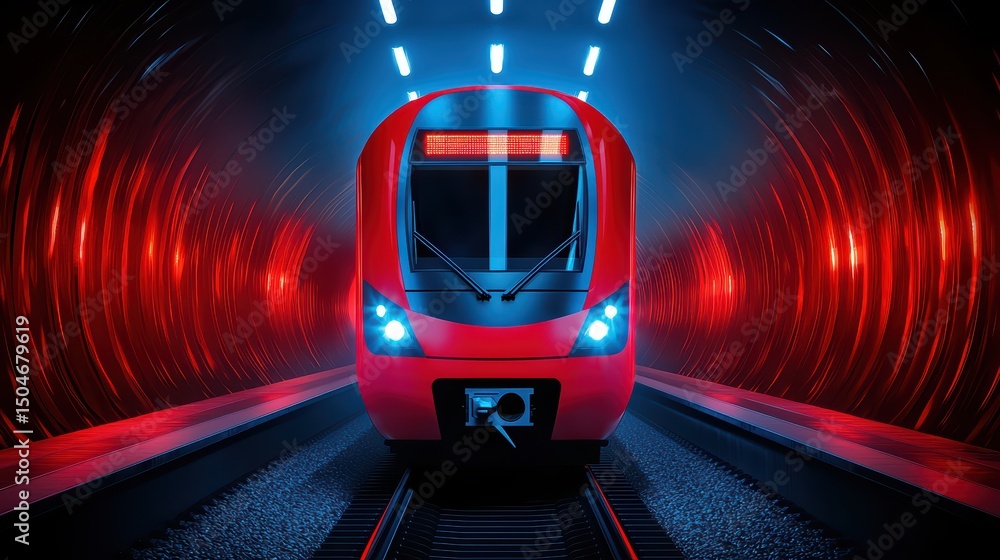 Poster futuristic red train approaching in dark tunnel with blue and red neon lights emphasizing speed and 