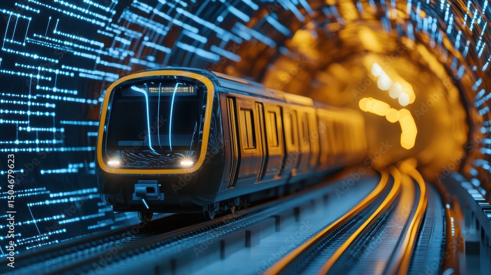 Poster futuristic train traveling through neon light tunnel with dynamic effect and modern technology eleme