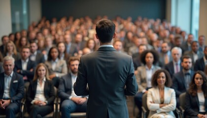 Business speaker gives presentation conference hall. Back view businessman in suit. Audience diverse group of attendees. Public speaking, communication, business meeting, teamwork, education.