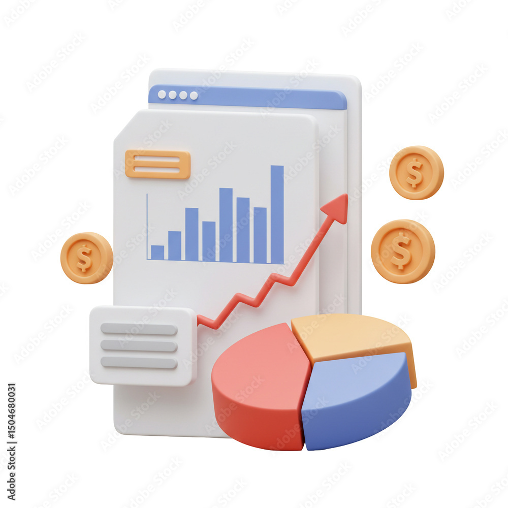 Poster analyzing financial growth with data charts and coin currency visualization