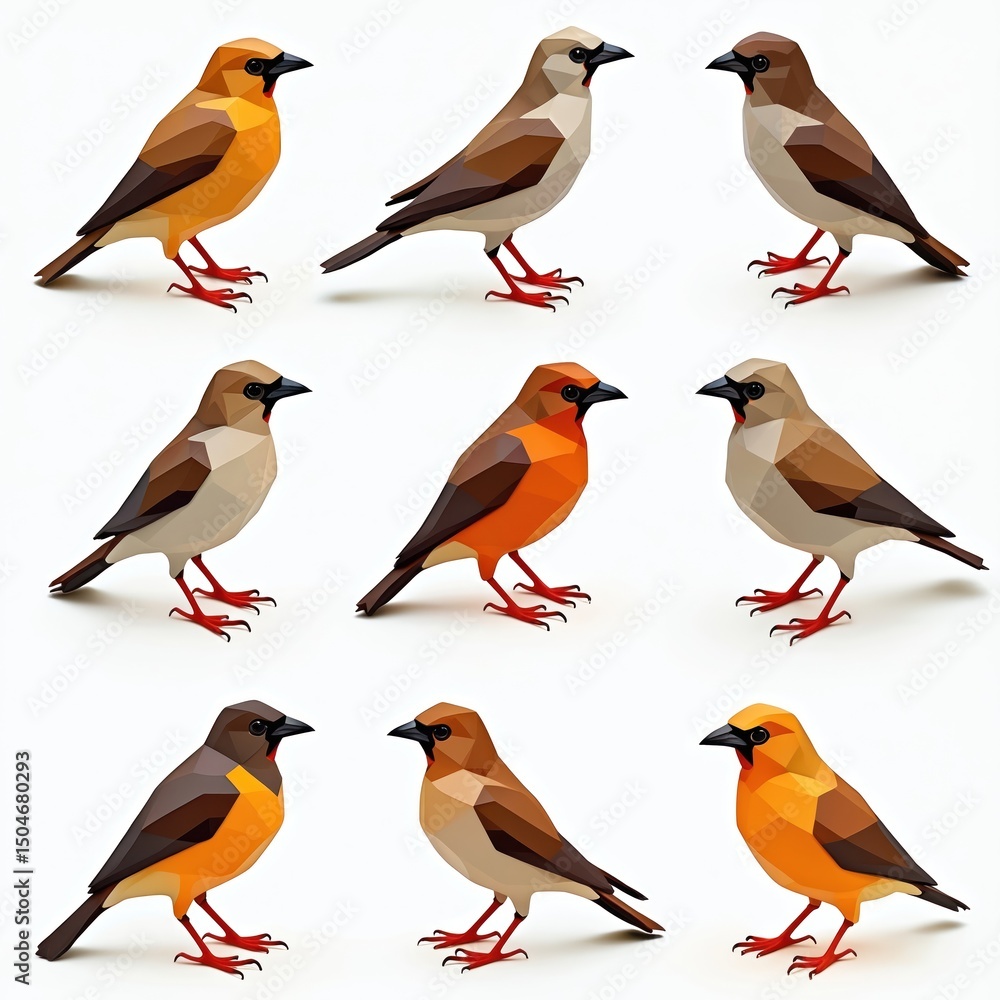 Leinwandbilder set of nine vibrant geometric sparrow illustrations. bird rendered in unique polygonal style with in