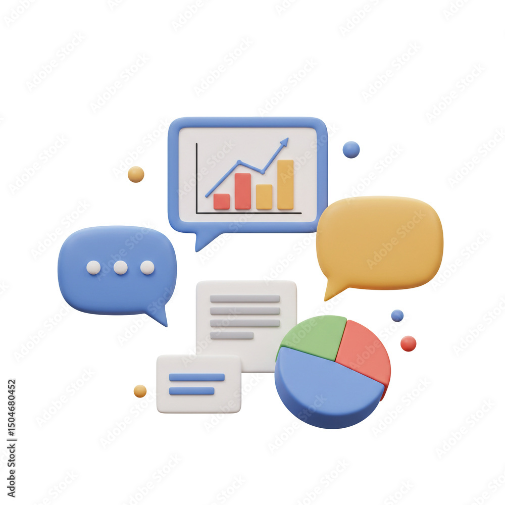 Poster analyzing business data with charts and speech bubbles for communication