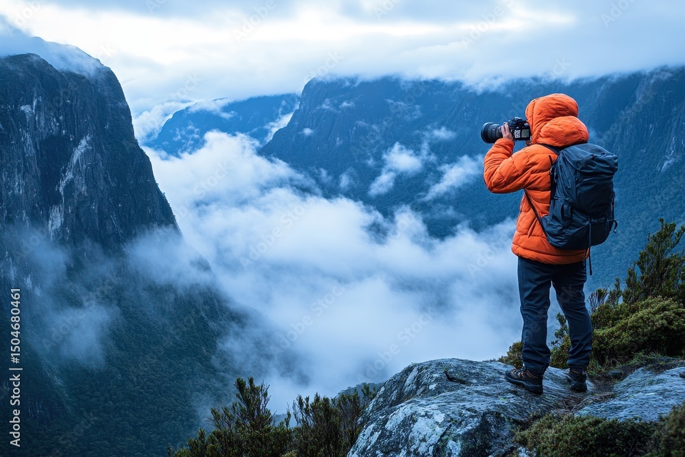 Poster capturing the breathtaking landscape at dawn in the mountains with a camera in hand and a backpack r