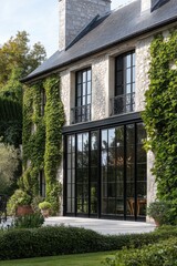 Sophisticated stone house surrounded by lush greenery showcasing a modern design with large glass doors and elegant outdoor seating in a peaceful garden setting