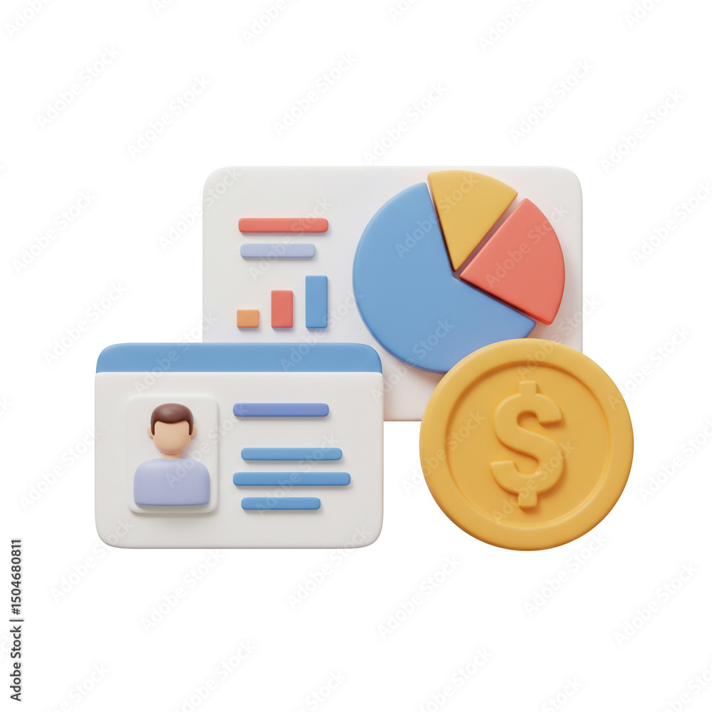 Poster analyzing financial data with charts and user profile 3d render