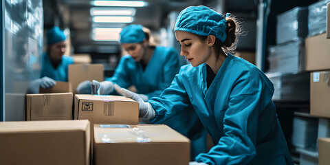 Medical professionals unloading boxes from a delivery truck, emphasizing efficient logistics in the healthcare sector for timely medical supply management.