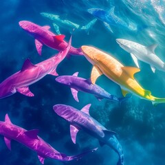 Colorful Sharks Swimming Together in the Deep Blue Sea
