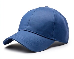 A blue baseball cap, isolated on a white background, exuding casual, sporty style