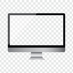 Realistic computer screen mockup.  grey thin frame monitor mockup in modern style with transparent screen in front view isolated on transparent background. Vector 3d illustration.
