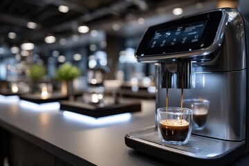 A sleek and modern coffee machine is brewing a fresh espresso shot, showcasing its advanced technology and design in a stylish café setting with warm lighting.