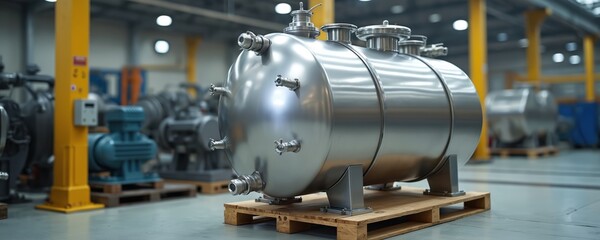 Fototapeta premium Stainless steel pressure water tank in factory. Industrial equipment storage tank, mechanical infrastructure, engineering, water treatment, heavy duty. Water supply, plumbing, reservoir,