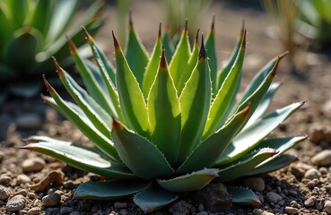 Fototapeta premium Close-up photo of succulent plant with sharp green leaves and spiky tips growing outdoor. Natural background with bokeh effect. Perfect for gardening tech, botany science articles.
