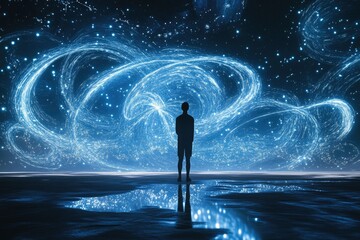 A solitary figure stands contemplatively before a swirling celestial display, bathed in ethereal blue light
