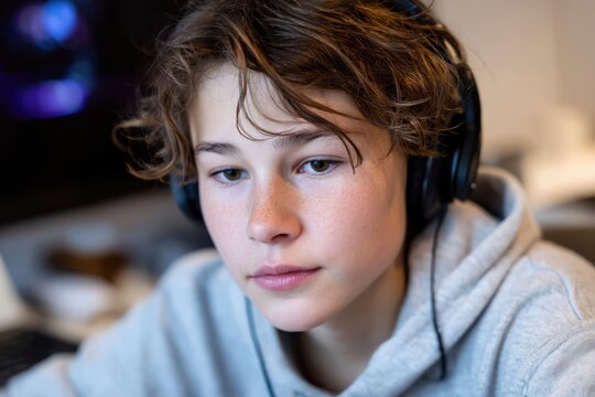 A thoughtful young boy sits with headphones on, engrossed in what he’s listening to, capturing the essence of concentration and the joy of personal music exploration at home.
