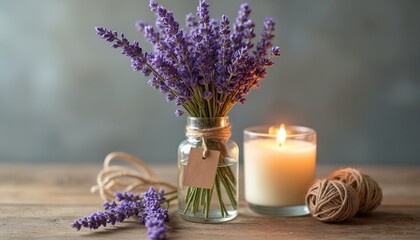 Elegant lavender display small vase near glass candle. Empty label hanging on vase. Relaxing spa, wellness, therapy concept. Home decor with aroma. Refined stylish interior.