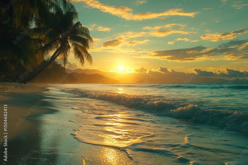 Aufkleber Serene sunset at a tranquil beach with palm trees swaying in the gentle breeze and waves lapping the shore during golden hour