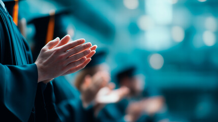 Graduate holding diploma with proud family applauding in soft background - emotional moment captured with professional deep focus, copy space included.